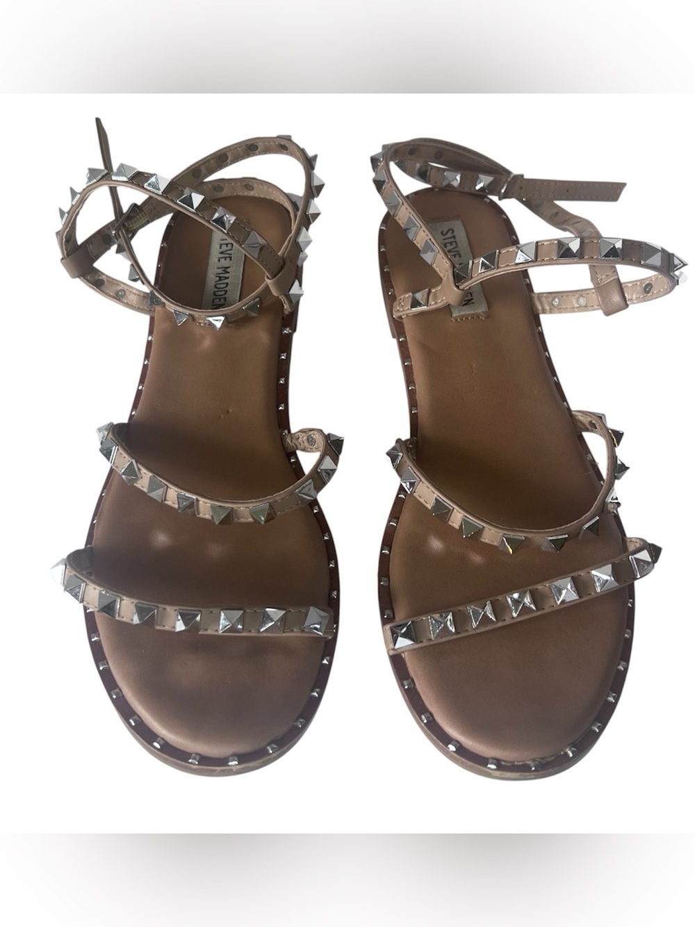Steve Madden Tan Studded Ankle-Strap Flat Sandals